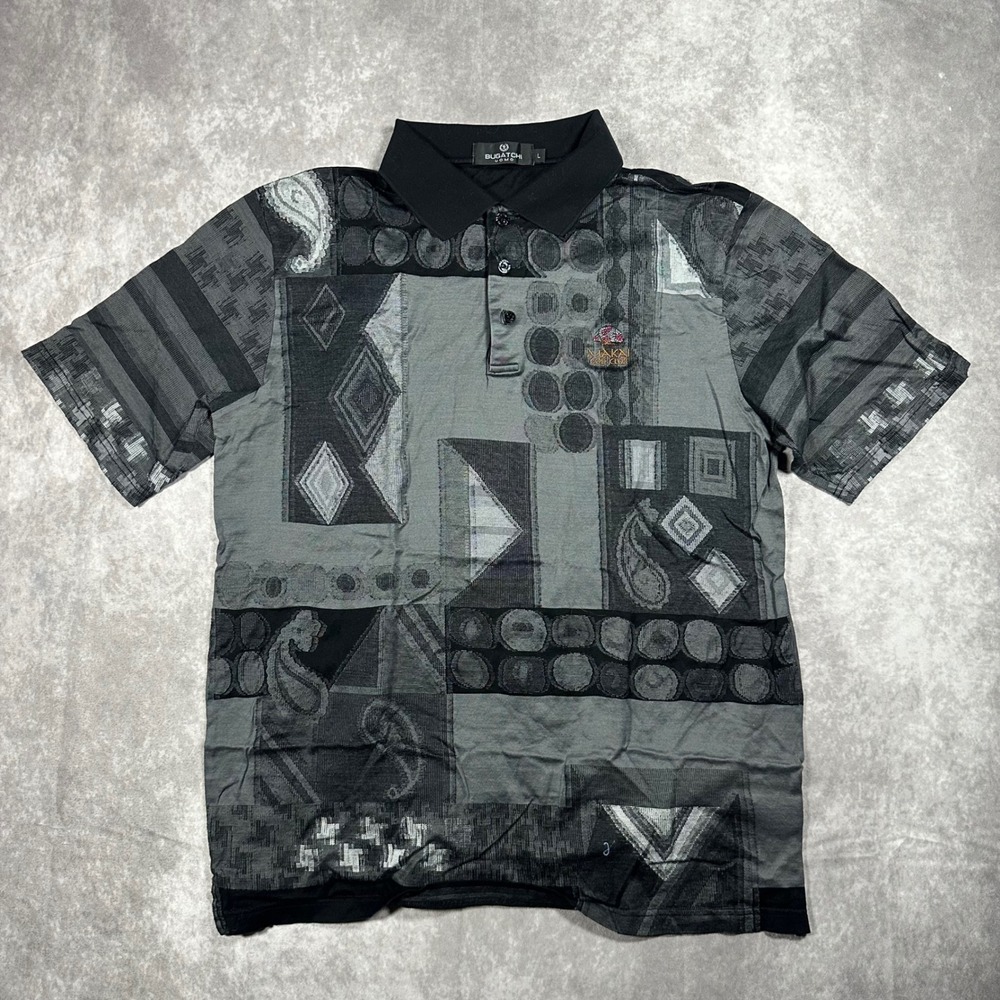 Bugatchi Uomo Mens Large Polo Shirt Gray Geometric Paisley Makai Golf Club Logo